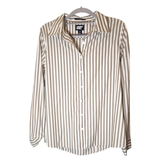 Crisp Cotton Shirt, Khaki and White Stripe sz 8 no iron! - Picture 1 of 6